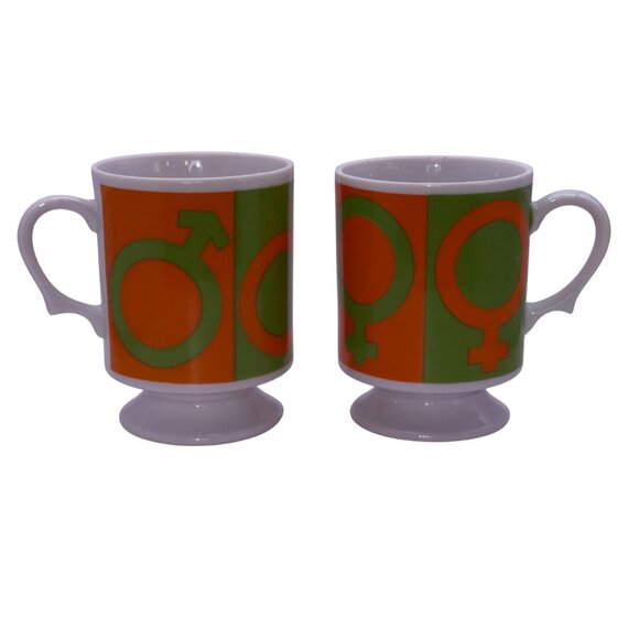 Vintage 1970s Pop Art His Hers Coffee Mugs Orange Green Gender Symbol Mod Pair - Picture 1 of 6